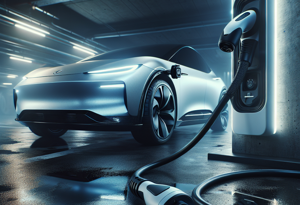 Một bộ chuyển đổi sạc xe điện GB/T sang CCS2 màu đen, nằm cạnh cổng sạc của một chiếc ô tô điện.