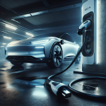 Một bộ chuyển đổi sạc xe điện GB/T sang CCS2 màu đen, nằm cạnh cổng sạc của một chiếc ô tô điện.