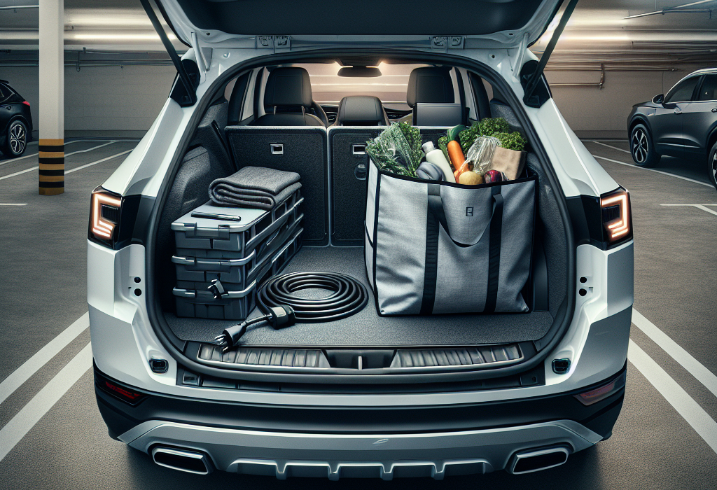 Cốp trước của một chiếc xe điện được sắp xếp gọn gàng với các hộp đựng màu đen và một túi lưới chứa đồ.
