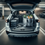 Cốp trước của một chiếc xe điện được sắp xếp gọn gàng với các hộp đựng màu đen và một túi lưới chứa đồ.