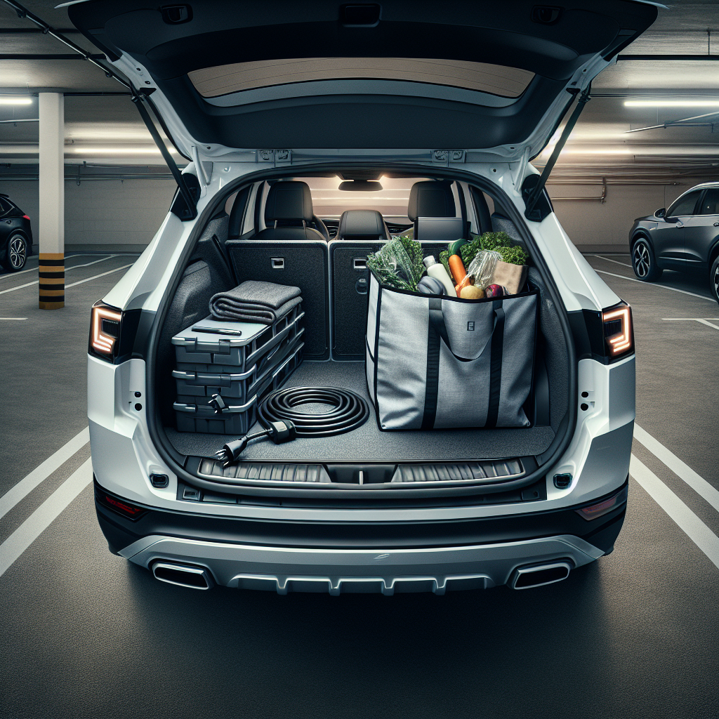 Cốp trước của một chiếc xe điện được sắp xếp gọn gàng với các hộp đựng màu đen và một túi lưới chứa đồ.