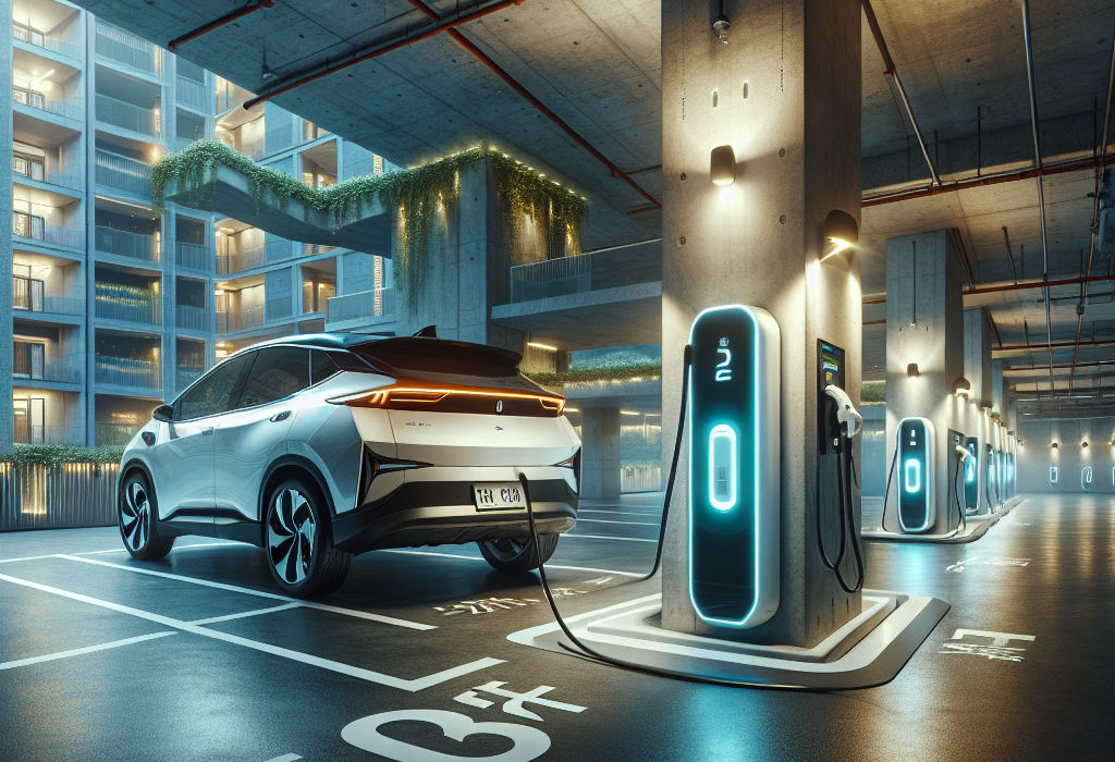 Một chiếc xe điện màu xám đang được cắm sạc tại trạm sạc công cộng của EBOOST trong hầm gửi xe của một chung cư hiện đại.