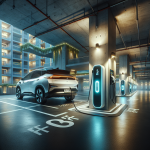 Một chiếc xe điện màu xám đang được cắm sạc tại trạm sạc công cộng của EBOOST trong hầm gửi xe của một chung cư hiện đại.