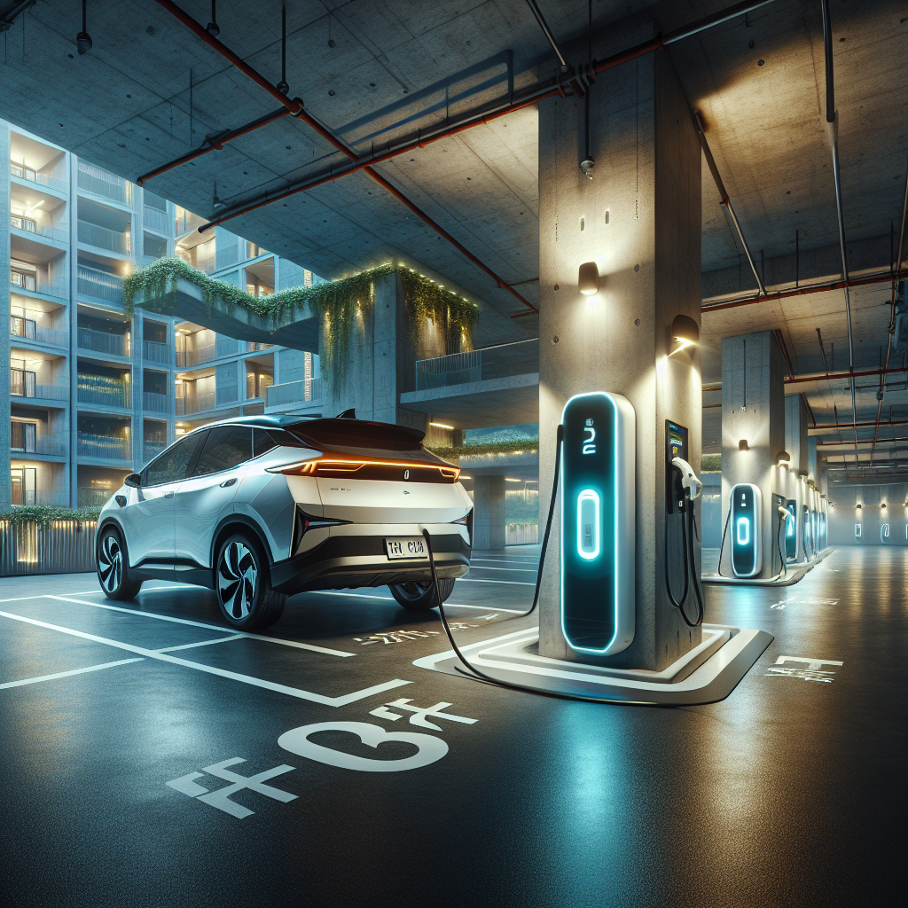 Một chiếc xe điện màu xám đang được cắm sạc tại trạm sạc công cộng của EBOOST trong hầm gửi xe của một chung cư hiện đại.