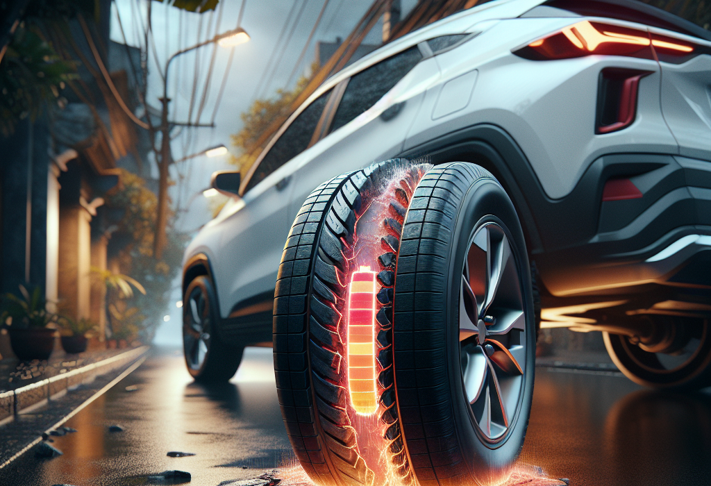 Một người đang dùng đồng hồ đo áp suất để kiểm tra lốp của một chiếc xe điện màu trắng hiện đại.