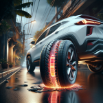 Một người đang dùng đồng hồ đo áp suất để kiểm tra lốp của một chiếc xe điện màu trắng hiện đại.