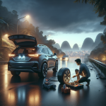 Bộ dụng cụ vá lốp khẩn cấp đặt cạnh bánh xe của một chiếc xe điện màu trắng.