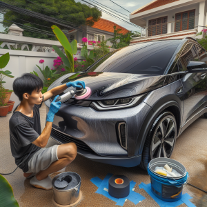 Một chiếc xe điện màu xám đang được đánh bóng bằng máy quỹ đạo ngẫu nhiên trên nắp capo, phản chiếu ánh đèn garage.