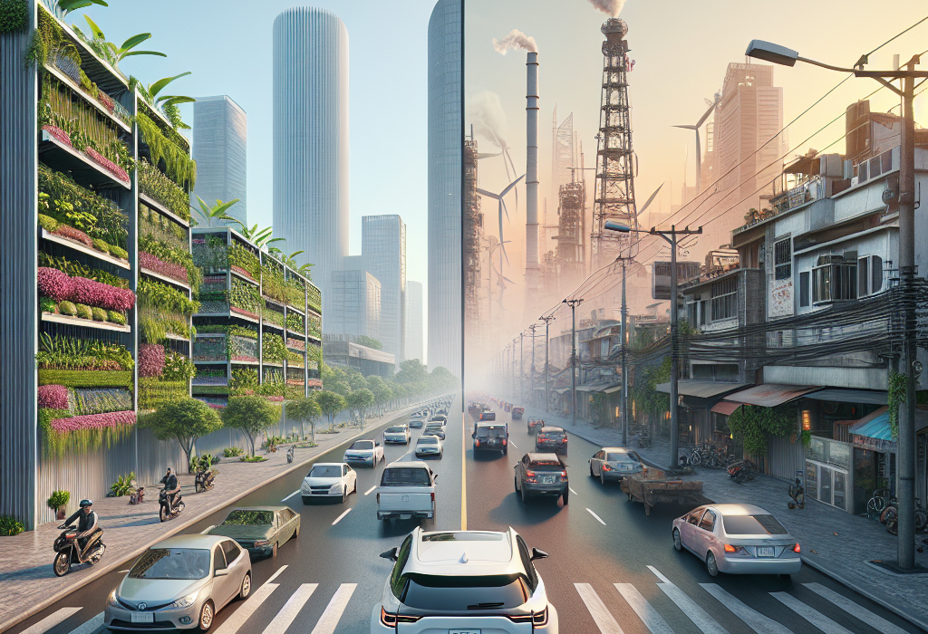 Một chiếc xe điện đang sạc cạnh một chiếc xe xăng tại trạm nhiên liệu, biểu trưng cho sự so sánh về tác động môi trường.