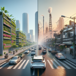 Một chiếc xe điện đang sạc cạnh một chiếc xe xăng tại trạm nhiên liệu, biểu trưng cho sự so sánh về tác động môi trường.