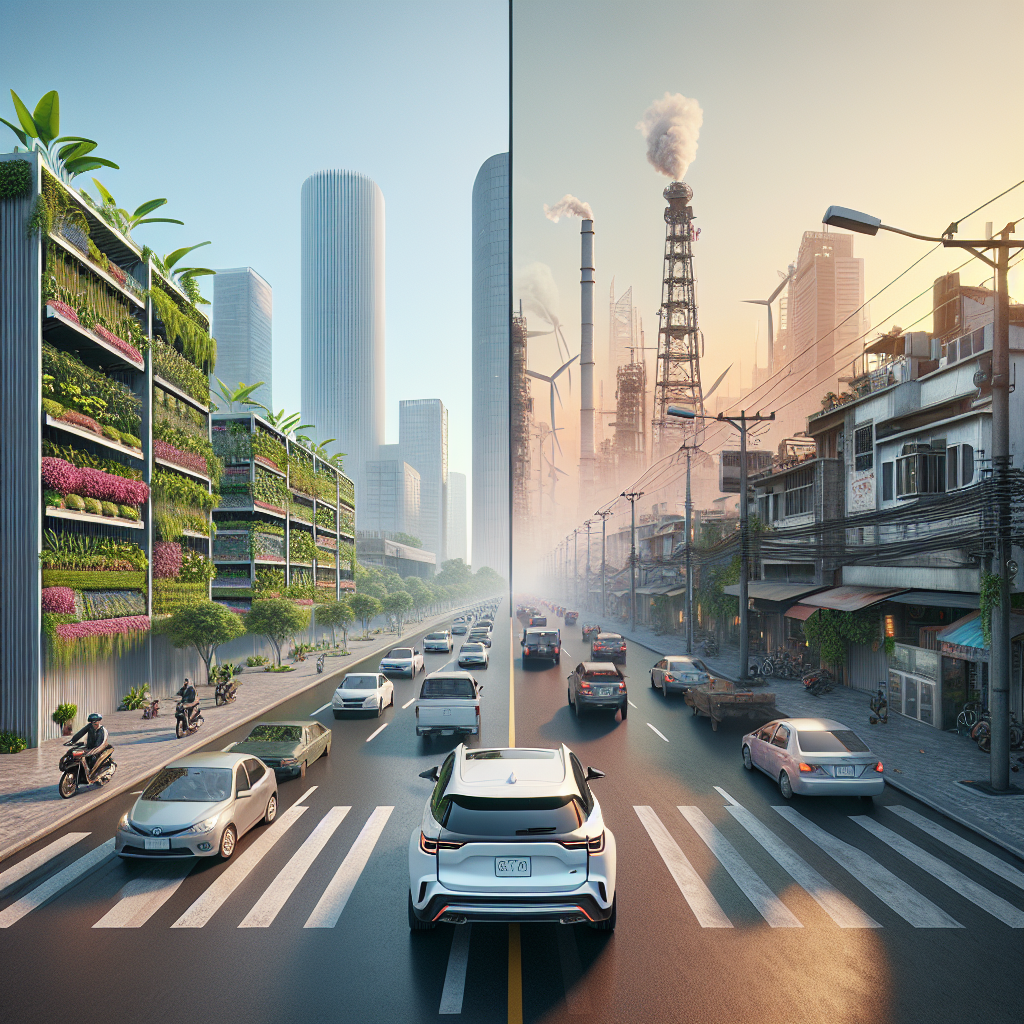 Một chiếc xe điện đang sạc cạnh một chiếc xe xăng tại trạm nhiên liệu, biểu trưng cho sự so sánh về tác động môi trường.