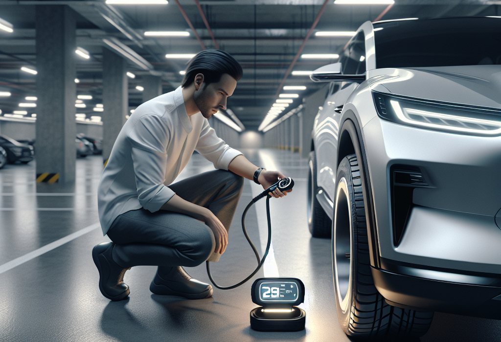 Đồng hồ đo áp suất đang cắm vào van của một lốp xe điện, hiển thị chỉ số áp suất.