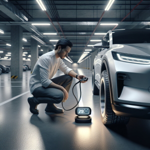 Đồng hồ đo áp suất đang cắm vào van của một lốp xe điện, hiển thị chỉ số áp suất.