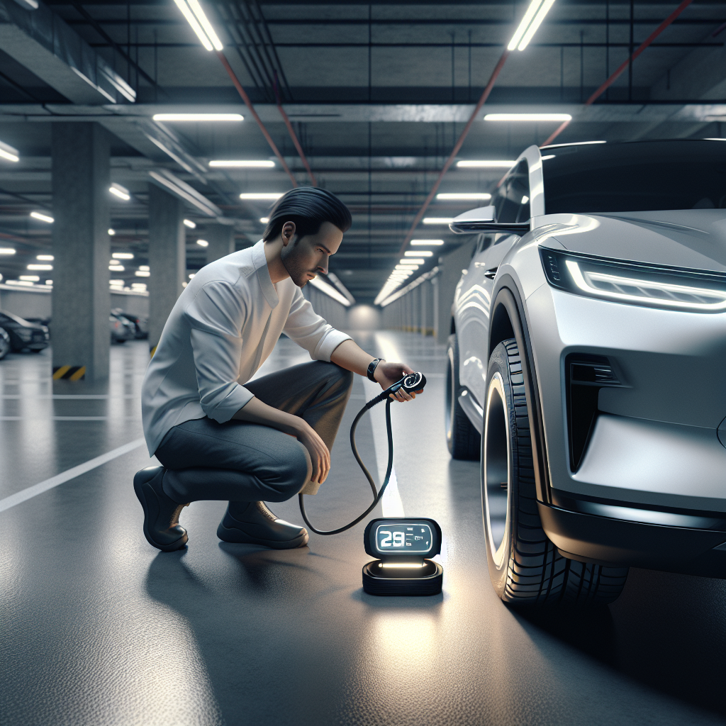 Đồng hồ đo áp suất đang cắm vào van của một lốp xe điện, hiển thị chỉ số áp suất.