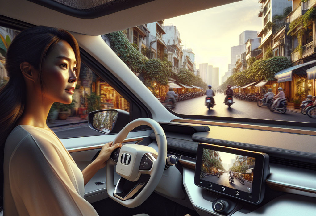 Một người phụ nữ tự tin mỉm cười khi đang sạc chiếc xe điện màu trắng hiện đại của mình tại một trạm sạc công cộng.