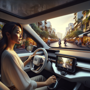 Một người phụ nữ tự tin mỉm cười khi đang sạc chiếc xe điện màu trắng hiện đại của mình tại một trạm sạc công cộng.