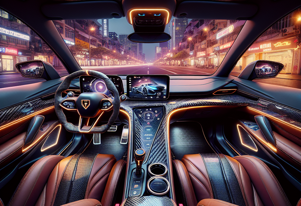 Nội thất một chiếc xe điện hiện đại được độ lại với ghế da Nappa màu nâu và các chi tiết ốp carbon trên bảng điều khiển.