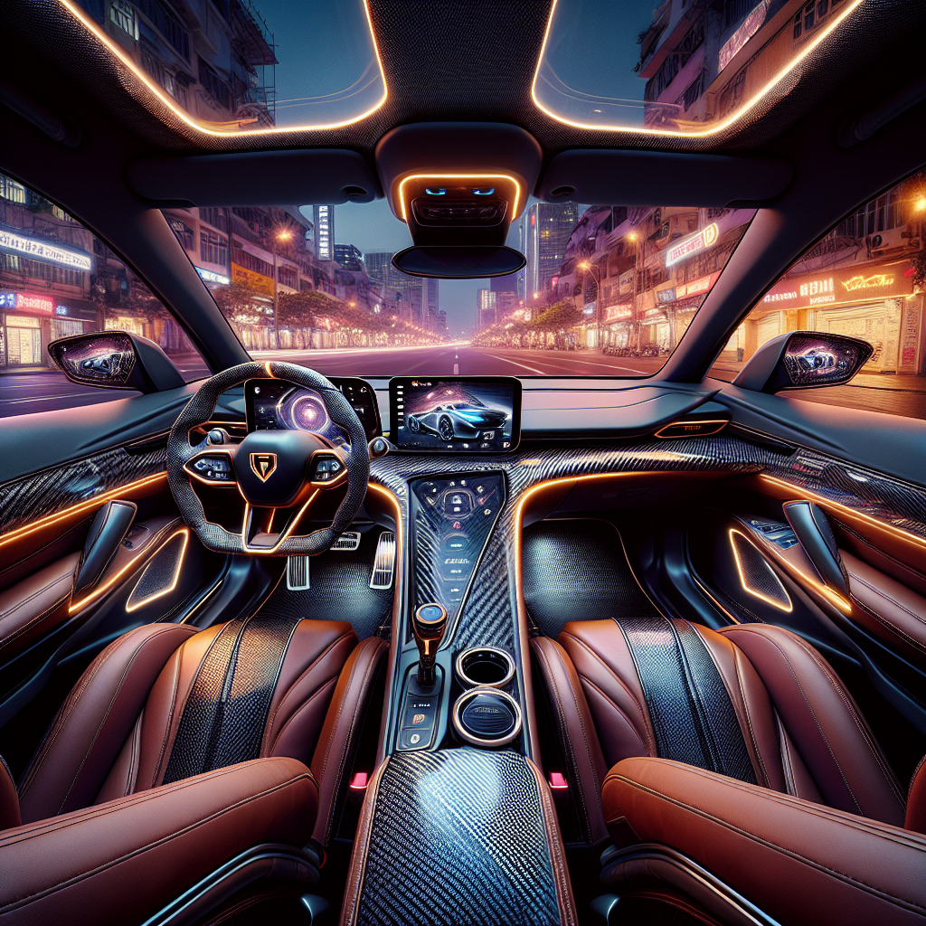 Nội thất một chiếc xe điện hiện đại được độ lại với ghế da Nappa màu nâu và các chi tiết ốp carbon trên bảng điều khiển.