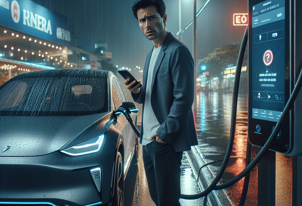 Một chiếc xe điện đang cắm sạc tại trạm sạc nhanh DC nhưng màn hình trên trụ sạc hiển thị thông báo lỗi.