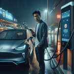 Một chiếc xe điện đang cắm sạc tại trạm sạc nhanh DC nhưng màn hình trên trụ sạc hiển thị thông báo lỗi.