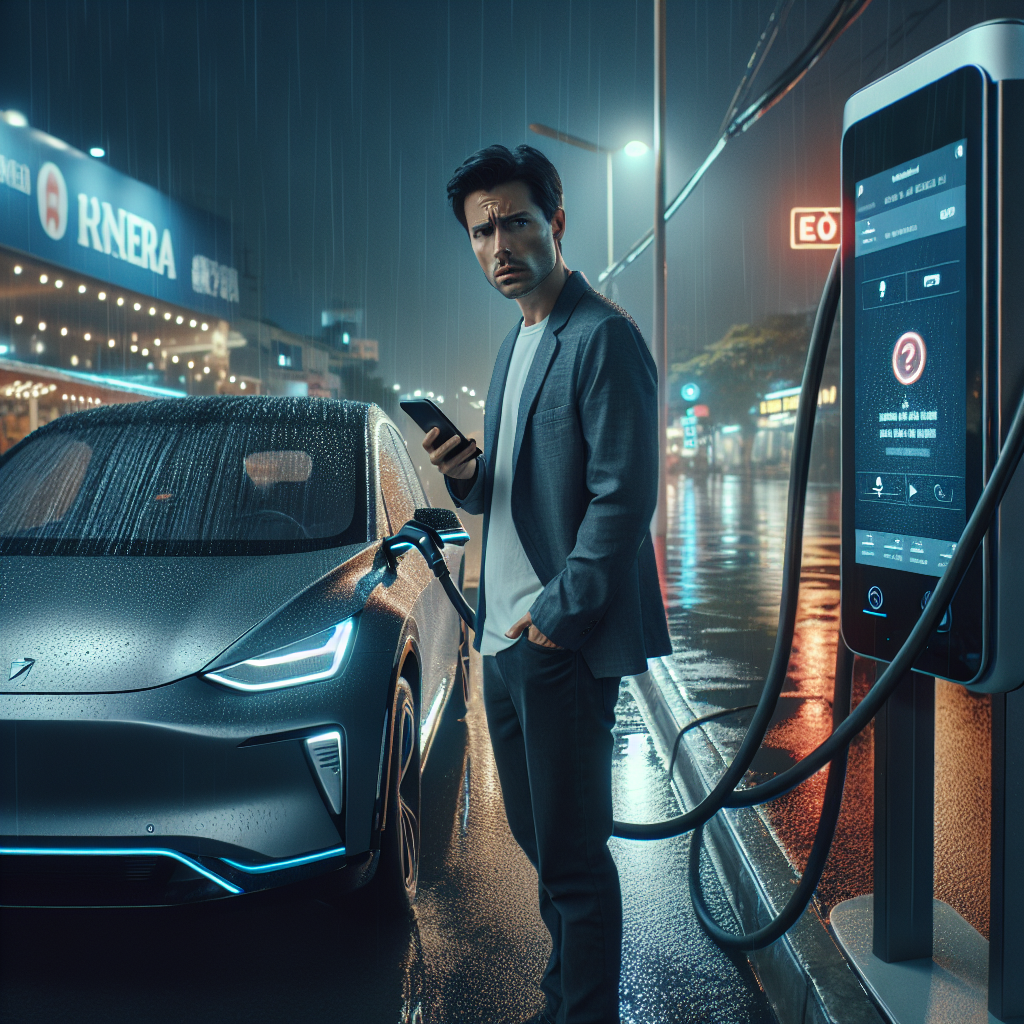 Một chiếc xe điện đang cắm sạc tại trạm sạc nhanh DC nhưng màn hình trên trụ sạc hiển thị thông báo lỗi.