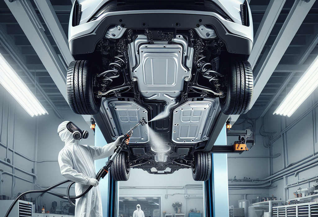 Gầm một chiếc xe điện đang được kỹ thuật viên kiểm tra, cho thấy rõ khối pin phẳng và các bộ phận treo xung quanh.