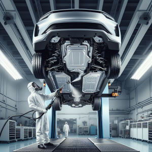 Gầm một chiếc xe điện đang được kỹ thuật viên kiểm tra, cho thấy rõ khối pin phẳng và các bộ phận treo xung quanh.