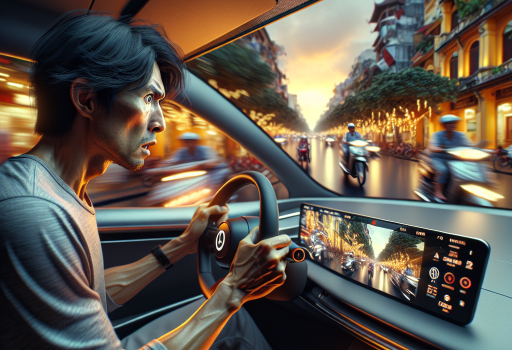 Một người đang cầm vô lăng của một chiếc xe điện hiện đại, màn hình trung tâm hiển thị thông tin.