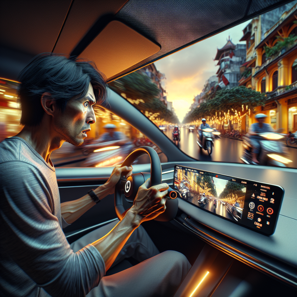 Một người đang cầm vô lăng của một chiếc xe điện hiện đại, màn hình trung tâm hiển thị thông tin.