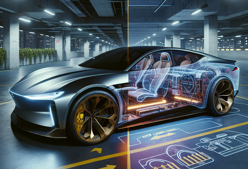 Một chiếc xe điện thể thao màu xanh dương được nâng cấp mâm xe màu đen bóng và hạ gầm.