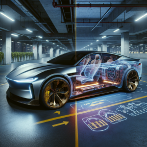 Một chiếc xe điện thể thao màu xanh dương được nâng cấp mâm xe màu đen bóng và hạ gầm.