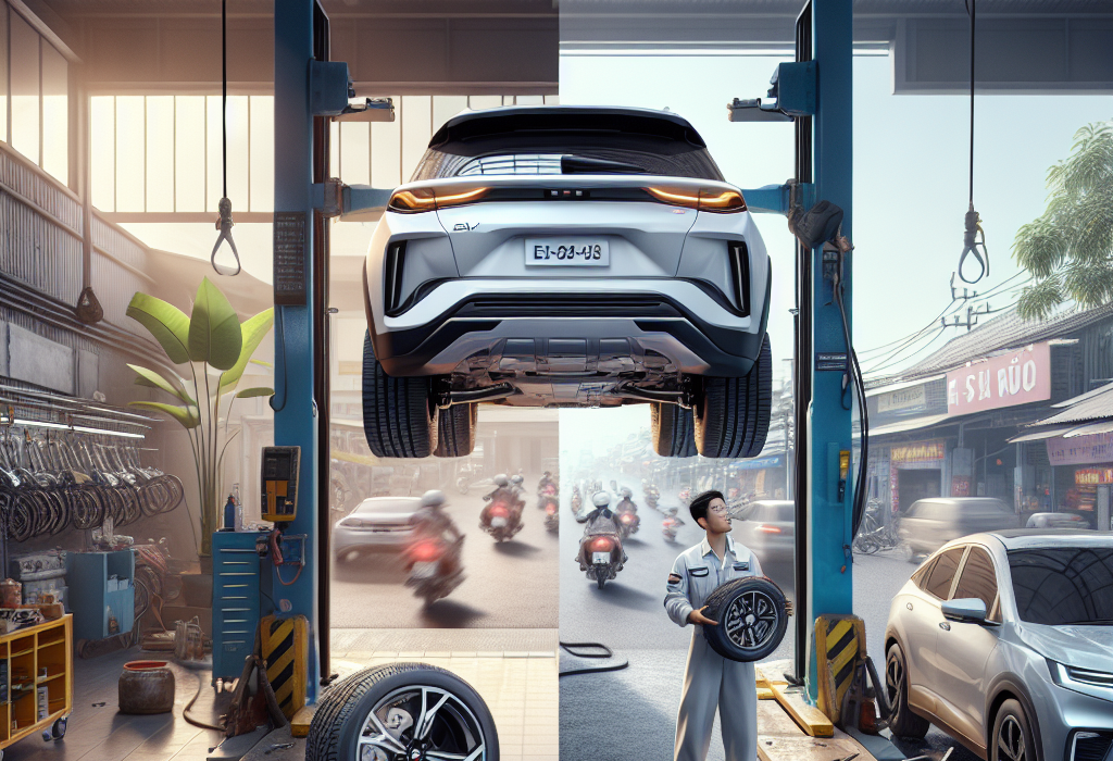 Cận cảnh một chiếc lốp xe điện chuyên dụng đang được lắp vào xe, cho thấy ký hiệu EV trên thành lốp.
