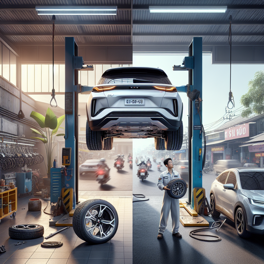 Cận cảnh một chiếc lốp xe điện chuyên dụng đang được lắp vào xe, cho thấy ký hiệu EV trên thành lốp.