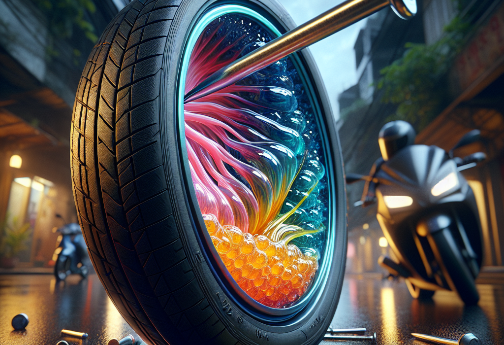 Mặt cắt ngang của một chiếc lốp xe điện công nghệ tự vá, cho thấy lớp keo sealant màu cam bên trong.