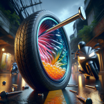 Mặt cắt ngang của một chiếc lốp xe điện công nghệ tự vá, cho thấy lớp keo sealant màu cam bên trong.