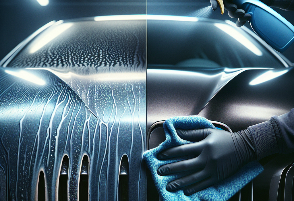 Một kỹ thuật viên đang dùng khăn microfiber màu xanh lau sạch vết bẩn trên thân một chiếc xe điện màu trắng.