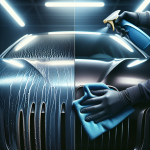 Một kỹ thuật viên đang dùng khăn microfiber màu xanh lau sạch vết bẩn trên thân một chiếc xe điện màu trắng.