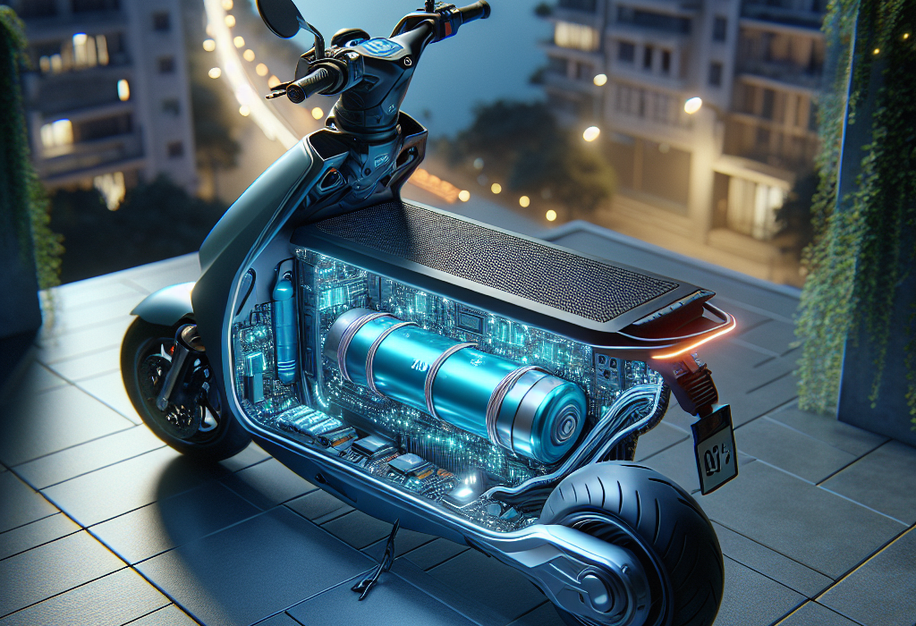 Hình ảnh cận cảnh một chiếc xe máy điện đang được cắm sạc trong gara vào ban đêm, đèn báo sạc màu xanh lá.