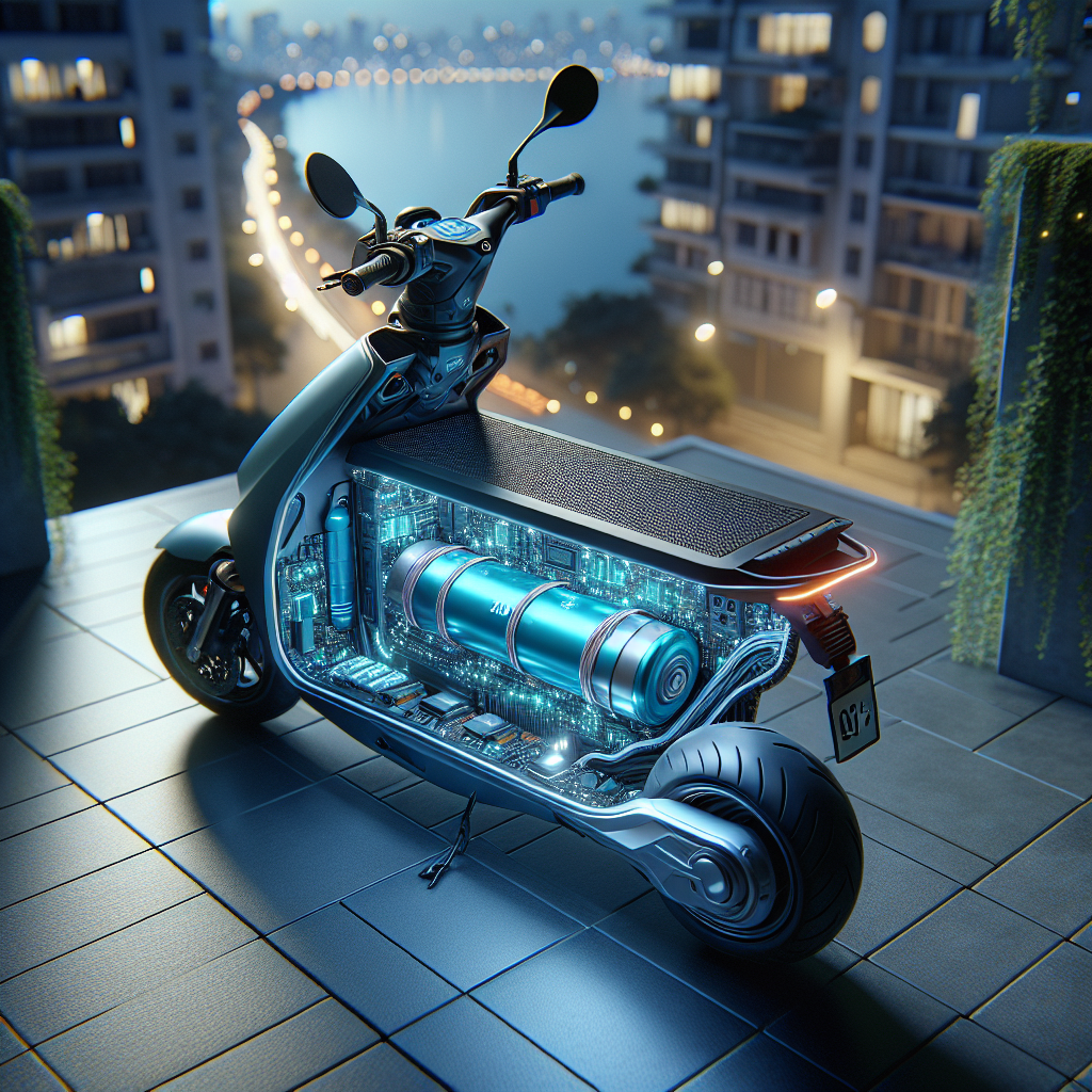 Hình ảnh cận cảnh một chiếc xe máy điện đang được cắm sạc trong gara vào ban đêm, đèn báo sạc màu xanh lá.