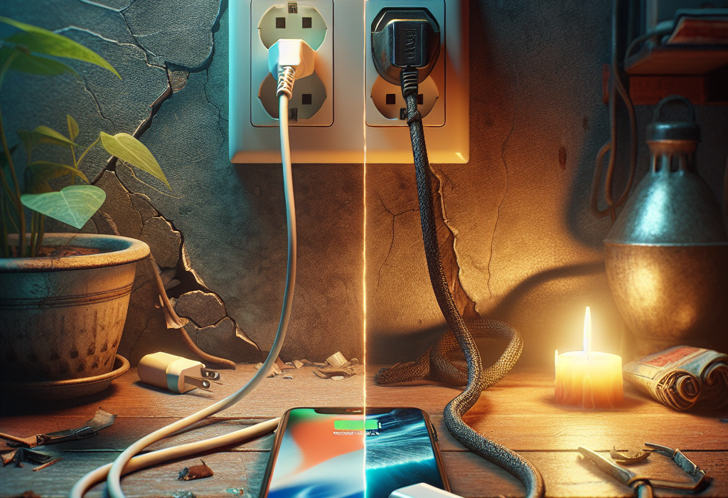 Một chiếc điện thoại đang sạc an toàn với bộ sạc và dây cáp USB-C chính hãng, đặt trên mặt bàn gỗ thoáng mát.