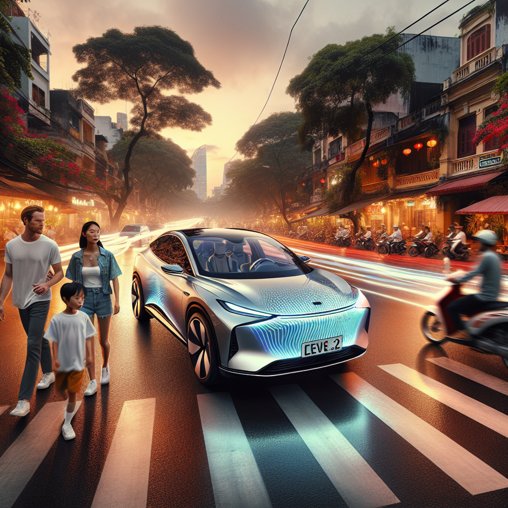 Một chiếc xe điện hiện đại đang di chuyển trong thành phố, với các sóng âm thanh kỹ thuật số màu xanh phát ra từ phía trước xe để minh họa cho hệ thống AVAS.