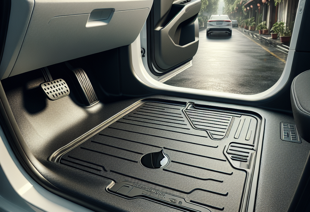 Thảm lót sàn TPE màu đen được lắp vừa khít trên sàn xe điện VinFast VF 8, có các đường vân chống trượt.