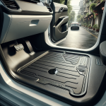 Thảm lót sàn TPE màu đen được lắp vừa khít trên sàn xe điện VinFast VF 8, có các đường vân chống trượt.