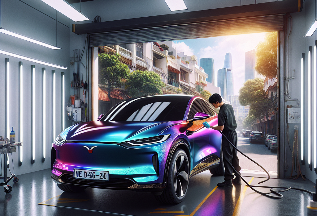 Một chiếc xe điện VinFast VF 8 được dán wrap đổi màu xám mờ (matte grey) đang đỗ trong xưởng.