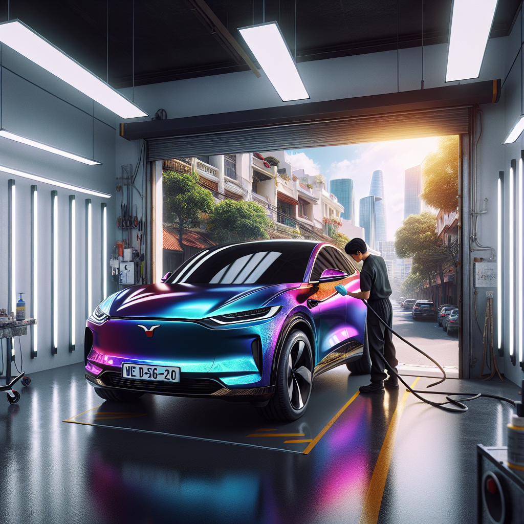 Một chiếc xe điện VinFast VF 8 được dán wrap đổi màu xám mờ (matte grey) đang đỗ trong xưởng.