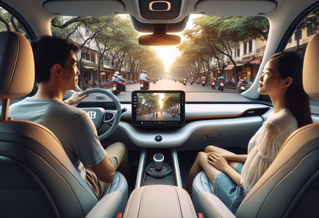 Hành khách ngồi ở ghế trước của một chiếc xe điện, nhìn thẳng ra con đường phía trước với vẻ mặt thoải mái và thư giãn.