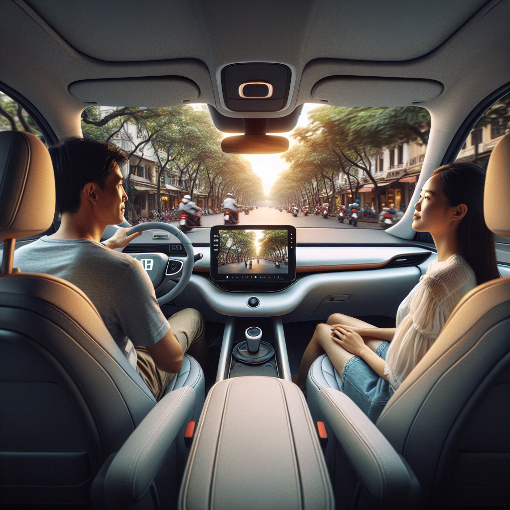 Hành khách ngồi ở ghế trước của một chiếc xe điện, nhìn thẳng ra con đường phía trước với vẻ mặt thoải mái và thư giãn.