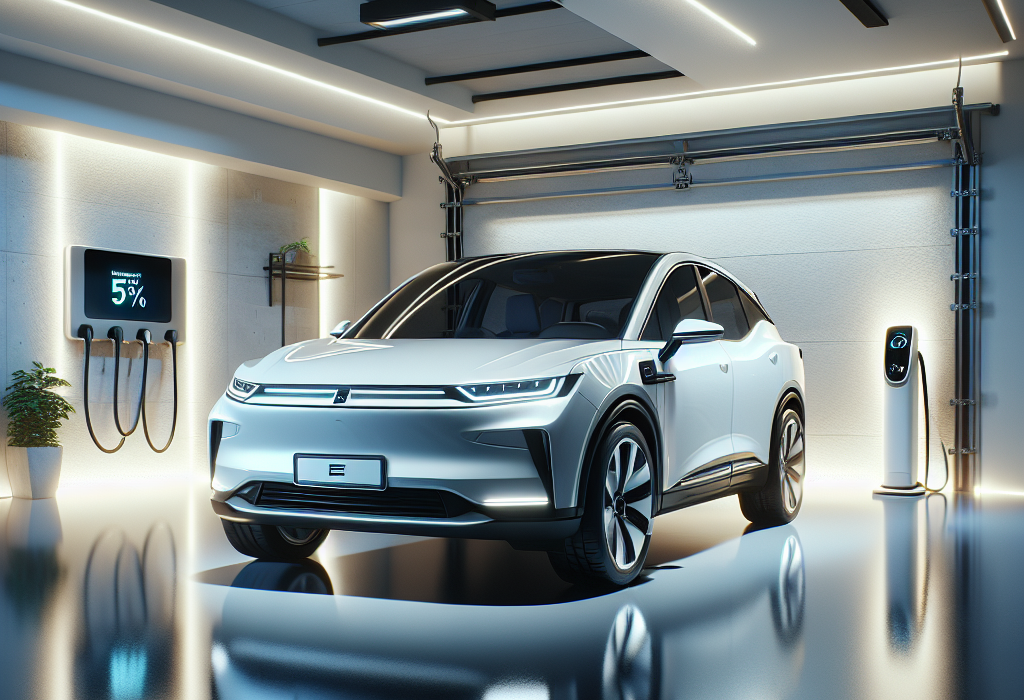 Một chiếc xe điện màu xanh đang cắm sạc trong gara hiện đại, màn hình hiển thị mức pin 50%.