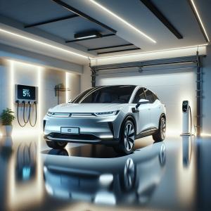 Một chiếc xe điện màu xanh đang cắm sạc trong gara hiện đại, màn hình hiển thị mức pin 50%.