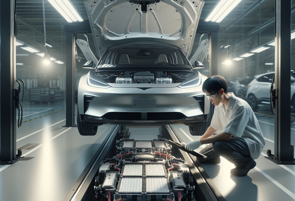 Kỹ thuật viên đang kiểm tra khối pin lithium-ion của một chiếc xe điện hiện đại trong xưởng dịch vụ.